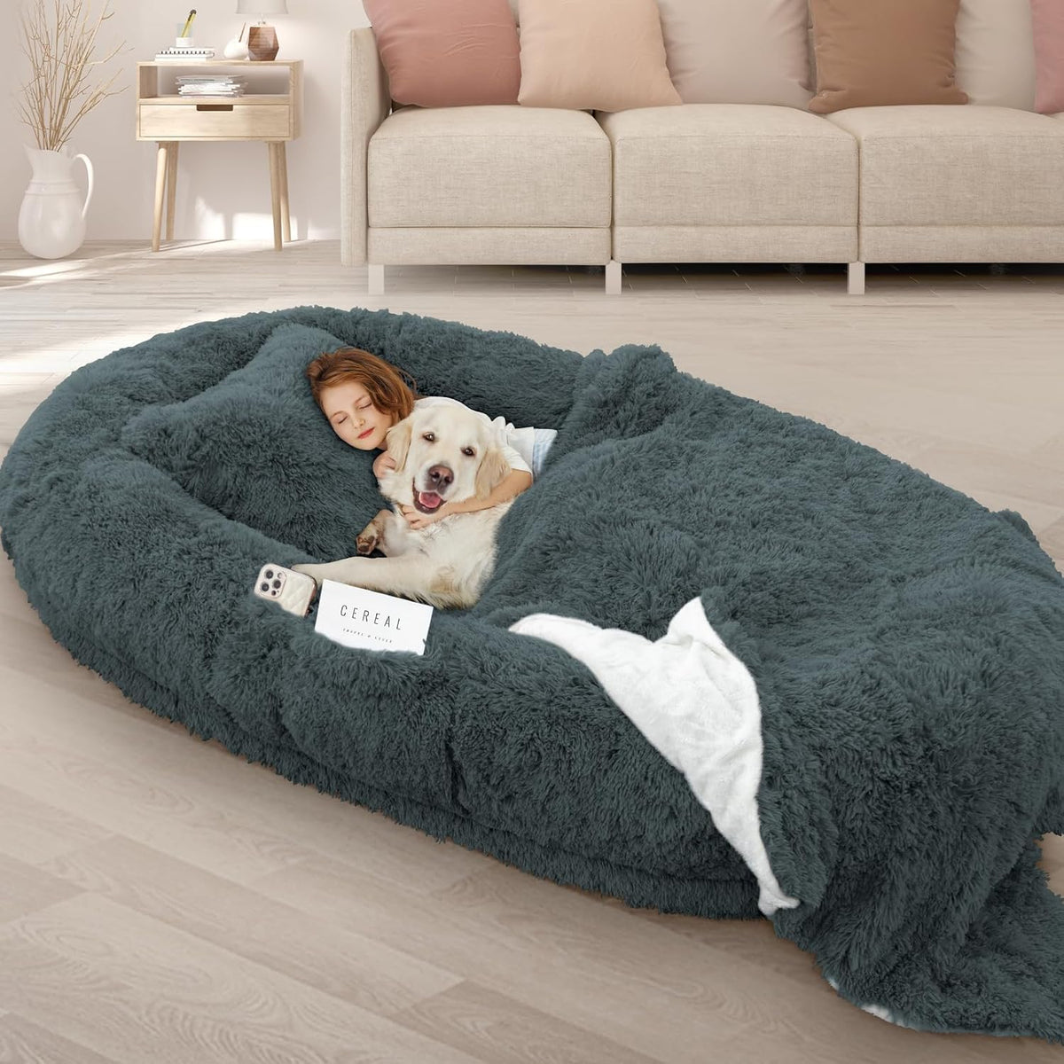 ROOMTEC Human Dog Bed, 71''x45''x12'' Size Fits Adult and Pet Washable Giant People Dog Bed 10 CM Thick Memory Foam Large Oversize Dog Bed with Plump Pillow, Blanket, Strap - Grey