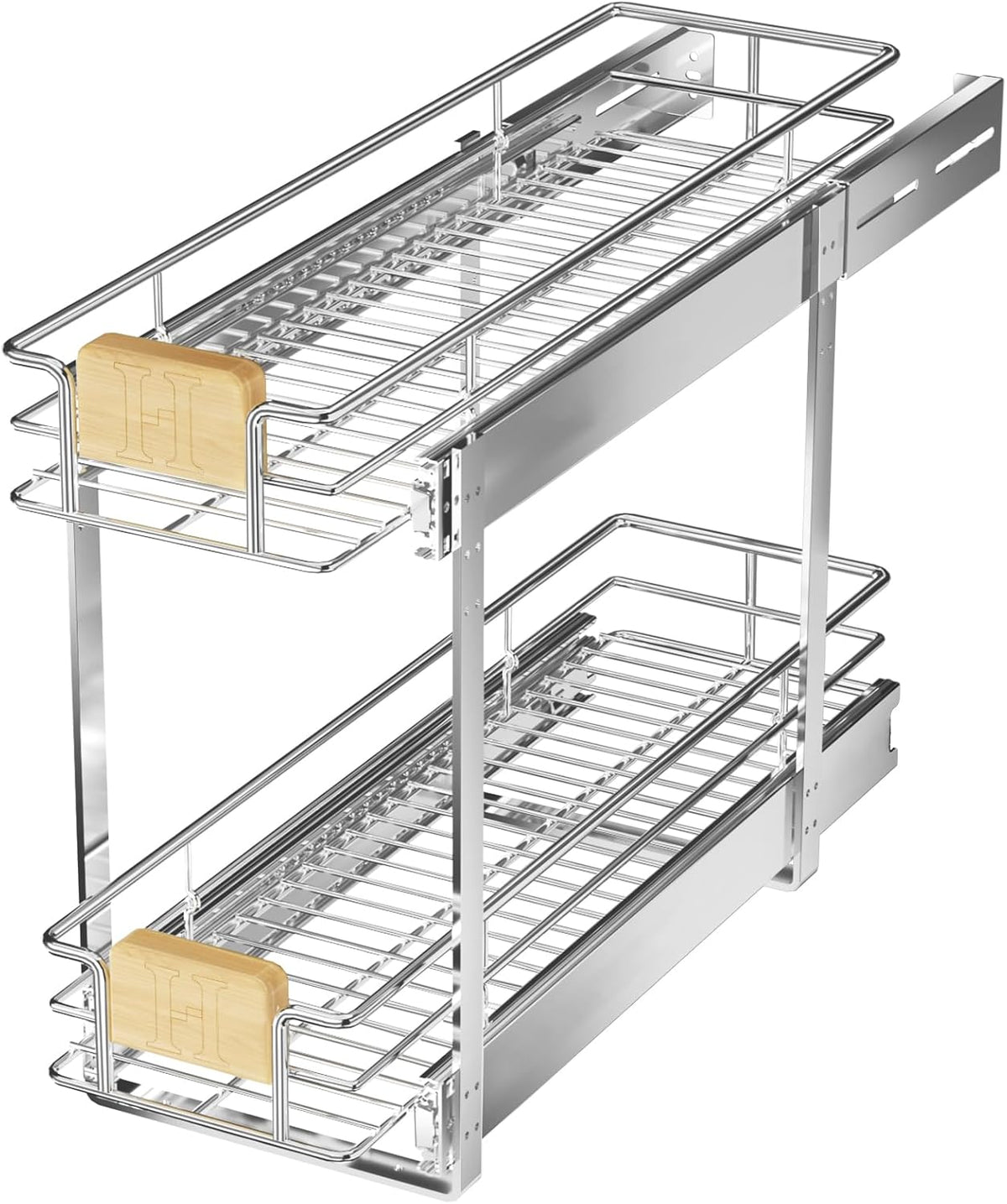 ROOMTEC  2 Tier Pull Out Cabinet Organizer 10½" W x 21½" D, Slide Out Drawers with Wooden Handle, Sliding Shelves Organization and Storage for Kitchen, Pantry