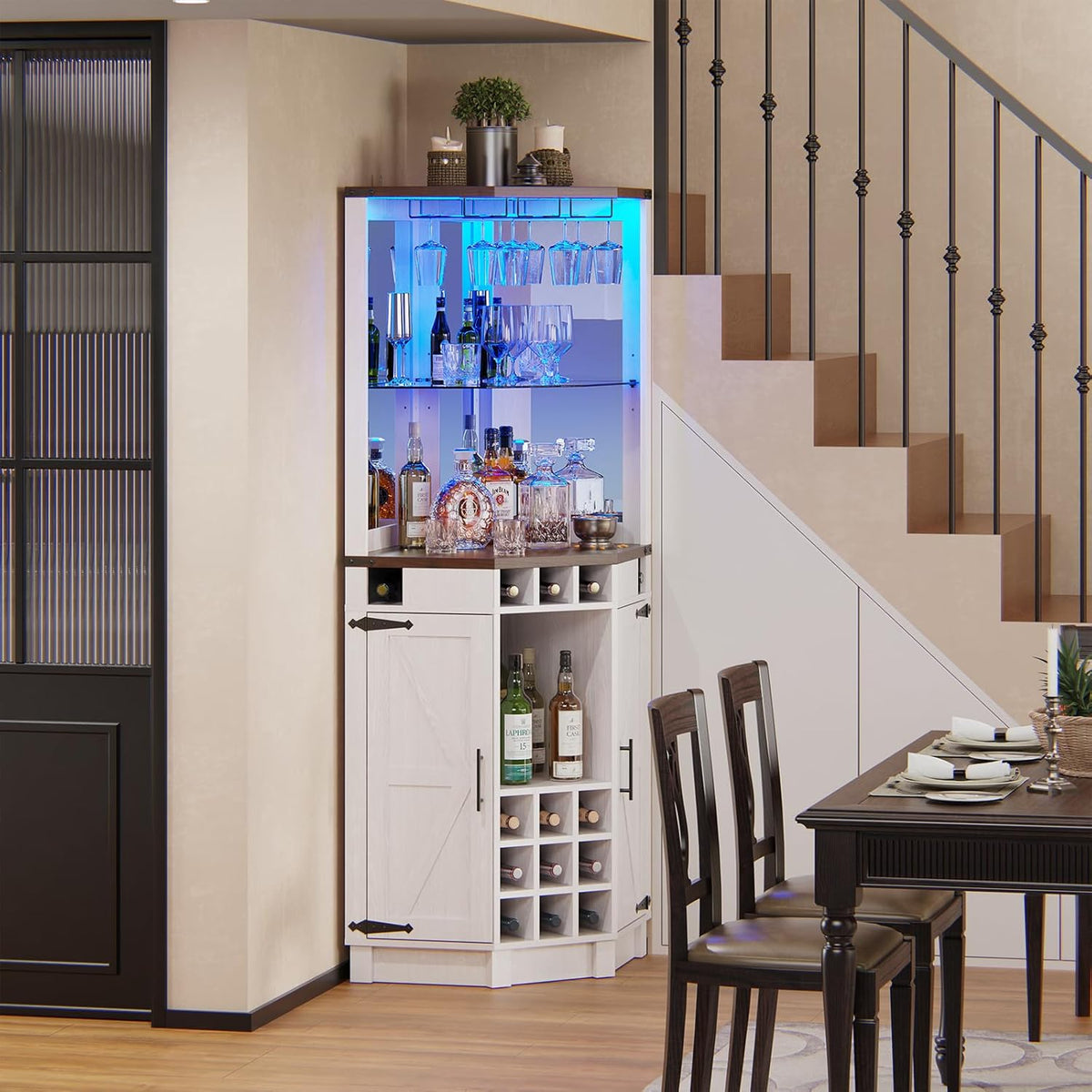 ROOMTEC Corner Bar Cabinet for Liquor, 71" Farmhouse Wine Cabinet with LED Strip and Glass Holder, Corner Cabinet with Doors and Adjustable Shelf, Liquor Cabinet Bar for Home