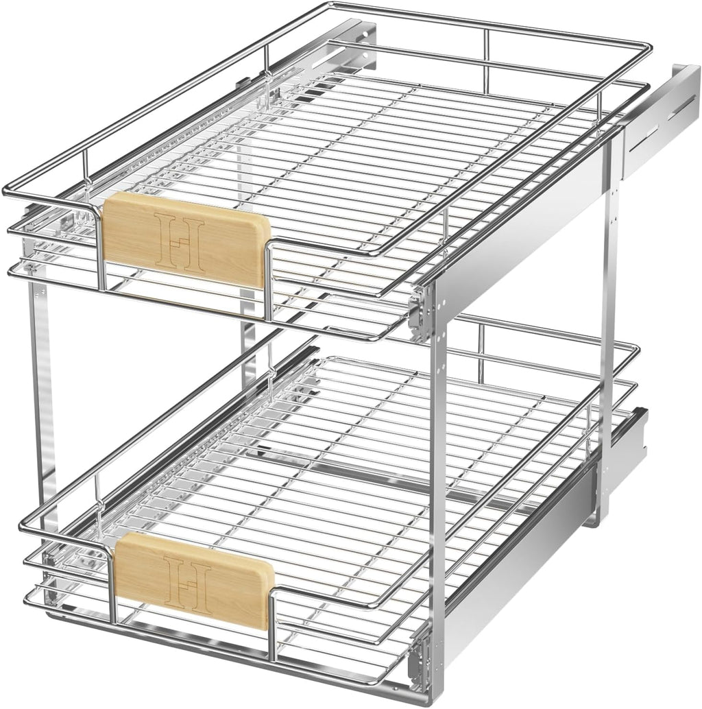ROOMTEC  2 Tier Pull Out Cabinet Organizer 10½" W x 21½" D, Slide Out Drawers with Wooden Handle, Sliding Shelves Organization and Storage for Kitchen, Pantry