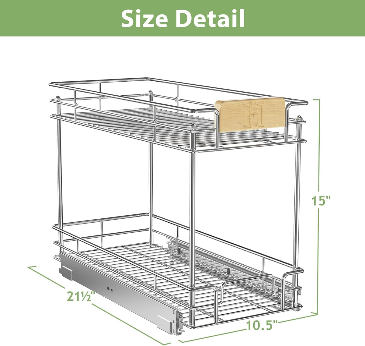 ROOMTEC Pull Out Cabinet Organizer With Wooden Handle 10½" W x 21½" D 2-Tier Cabinet Drawer Pull Out Shelves Under Cabinet Storage for Kitchen