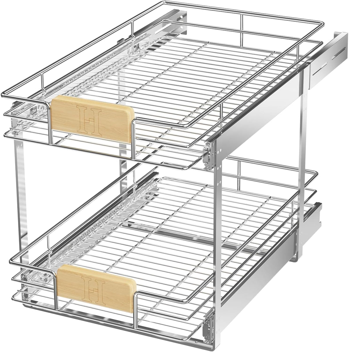 ROOMTEC  2 Tier Pull Out Cabinet Organizer 10½" W x 21½" D, Slide Out Drawers with Wooden Handle, Sliding Shelves Organization and Storage for Kitchen, Pantry