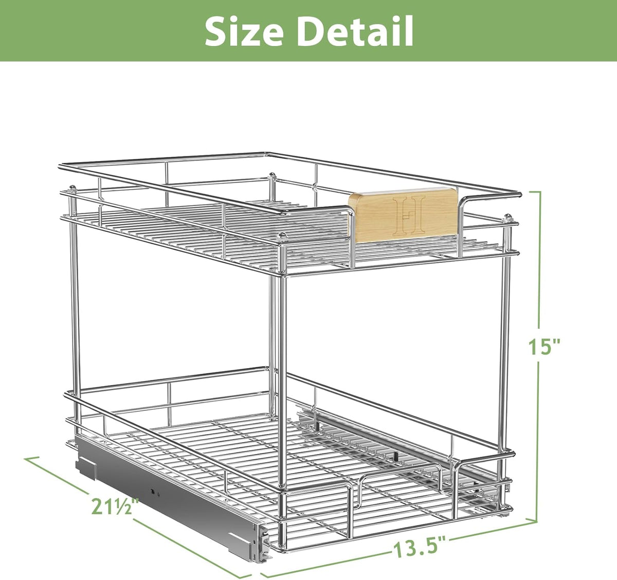 ROOMTEC Pull Out Cabinet Organizer With Wooden Handle 10½" W x 21½" D 2-Tier Cabinet Drawer Pull Out Shelves Under Cabinet Storage for Kitchen