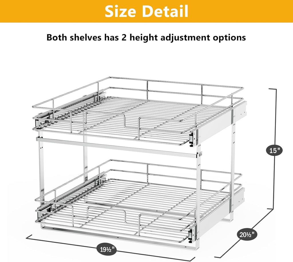 ROOMTEC Slide Out Cabinet Organizer for Kitchen, 2 Tier Pull Out Shelves Sliding Cabinet Organizer and Storage, Chrome (16.5" W x 20.5" D)