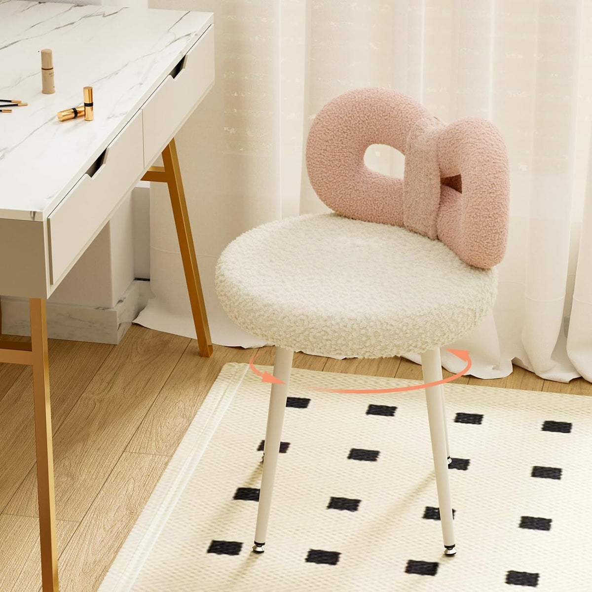 ROOMTEC Bedroom Pink Chair | No Wheels, Small Swivel, Upholstered, Cute Bow Backrest | Living Room, Comfy Desk, Makeup Reading Dining | Girls, Women, Kids