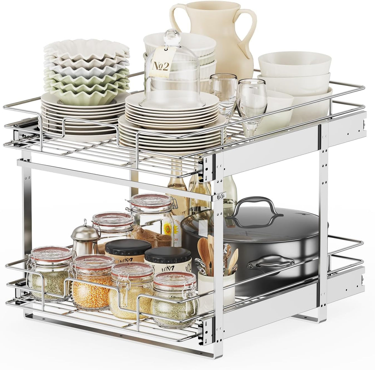 ROOMTEC Slide Out Cabinet Organizer for Kitchen, 2 Tier Pull Out Shelves Sliding Cabinet Organizer and Storage, Chrome (16.5" W x 20.5" D)