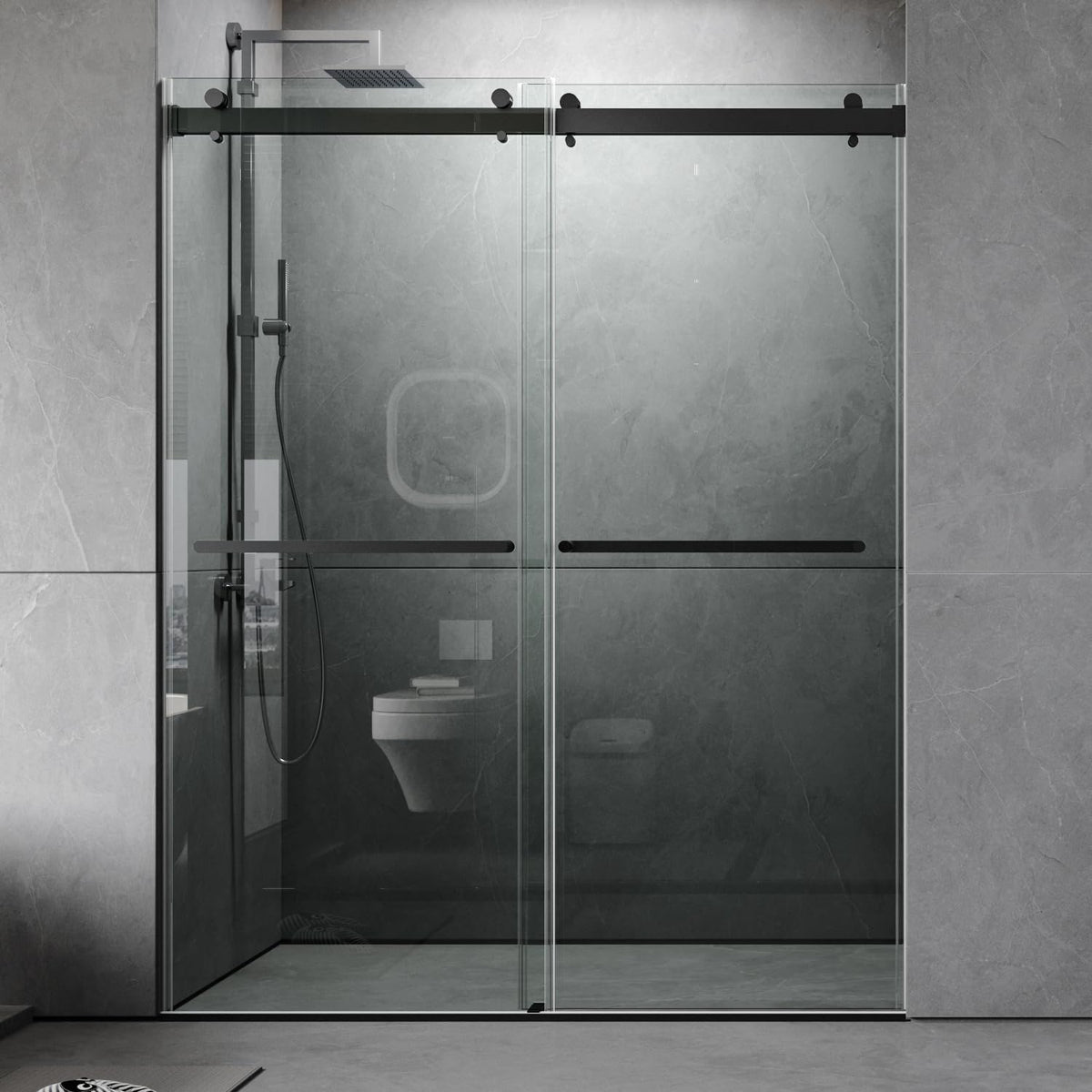 ROOMTEC 56 to 60'' W x 76'' H Frameless Shower Door, Double Sliding Shower Door with Premium 3/8'' (10mm) Thick Tempered Glass, Stainless Steel, Matte Black
