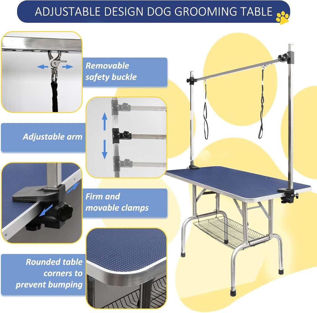ROOMTEC 46" Dog Grooming Table,Foldable Home Pet Bathing Station with Adjustable Height Arm/Noose/Mesh Tray