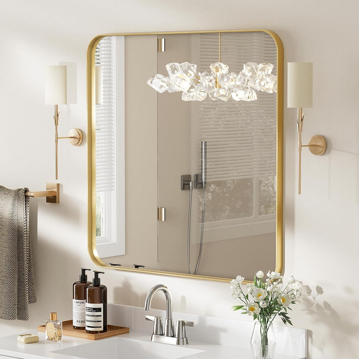 ROOMTEC Gold Bathroom Mirrors for Wall, 20X30 Inch Rounded Rectangle Mirror, Gold Bathroom Vanity Mirror, Metal Framed Wall-Mounted Mirror,Tempered Glass,（Horizontally or Vertically
