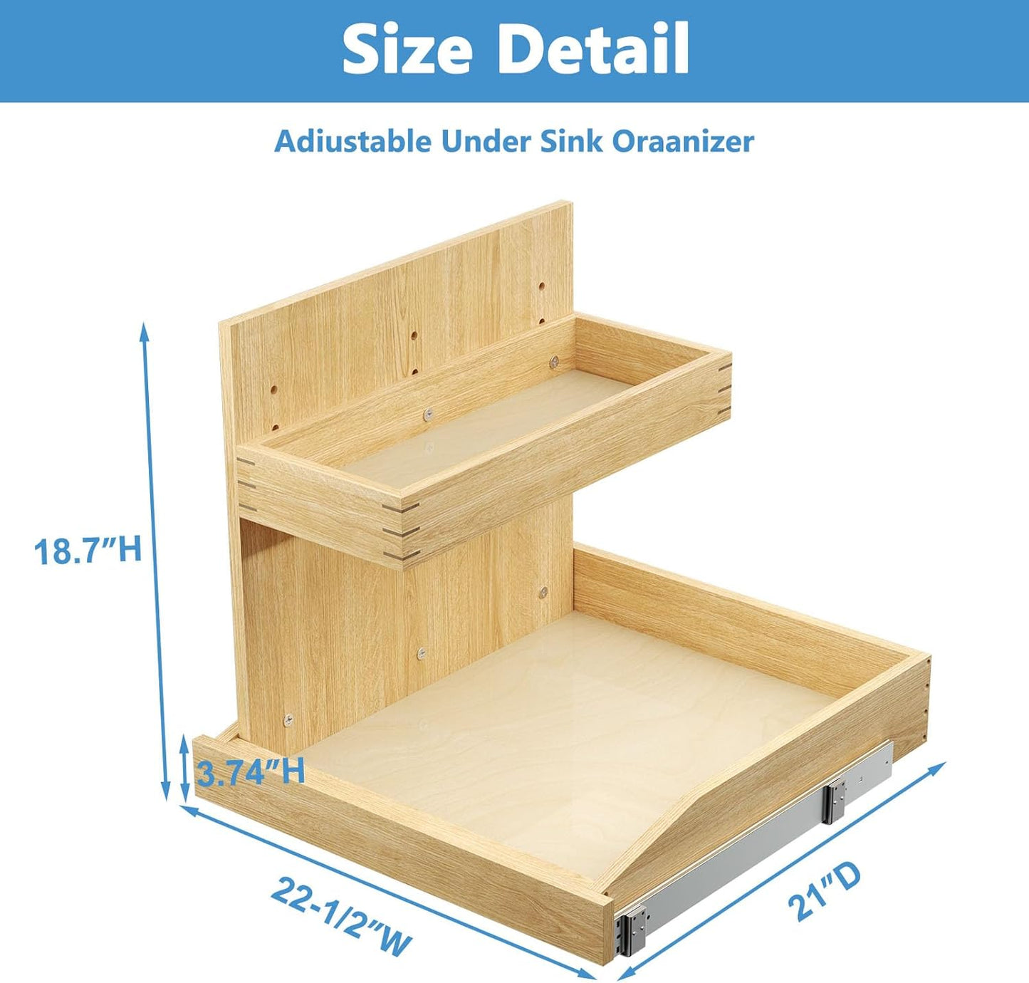 ROOMTEC Under Sink Organizers and Storage 22½” W x 21” D, 2 Tier Pull Out Cabinet Organizer with U Bracket, Adjustable Pull Out Cabinet organizer for Bathroom Kitchen(Right)