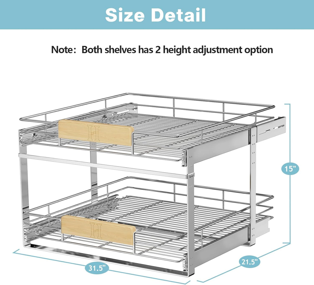 ROOMTEC 2 Tier Pull Out Cabinet Organizer 10½" W x 21½" D, Slide Out Drawers with Wooden Handle, Sliding Shelves Organization and Storage for Kitchen, Pantry