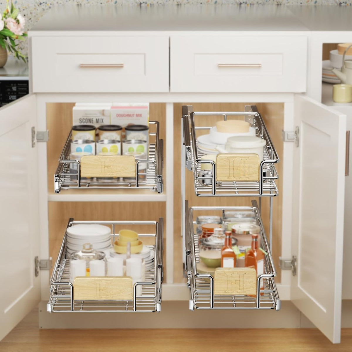 ROOMTEC  2 Tier Pull Out Cabinet Organizer 10½" W x 21½" D, Slide Out Drawers with Wooden Handle, Sliding Shelves Organization and Storage for Kitchen, Pantry