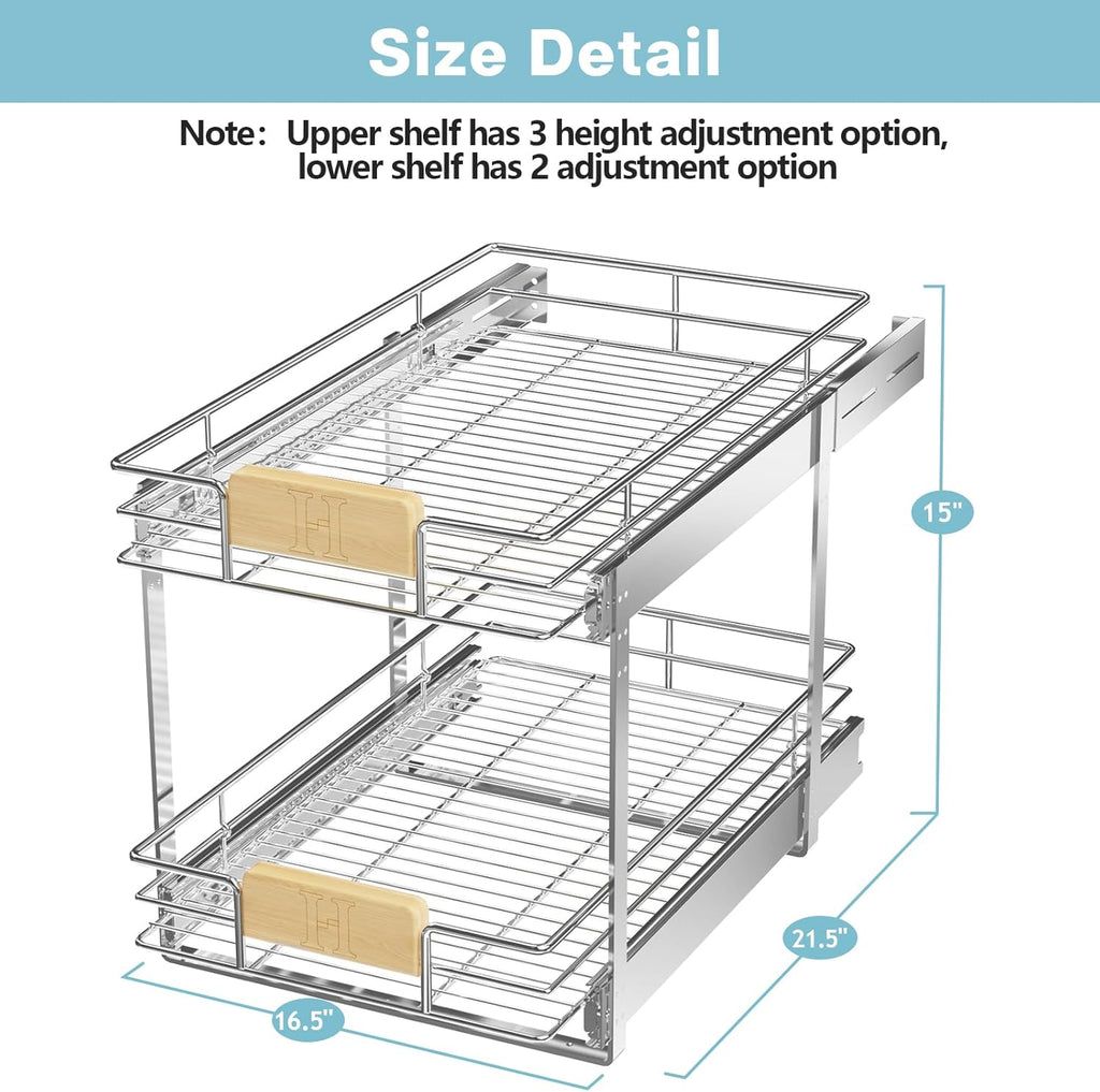 ROOMTEC  2 Tier Pull Out Cabinet Organizer 10½" W x 21½" D, Slide Out Drawers with Wooden Handle, Sliding Shelves Organization and Storage for Kitchen, Pantry