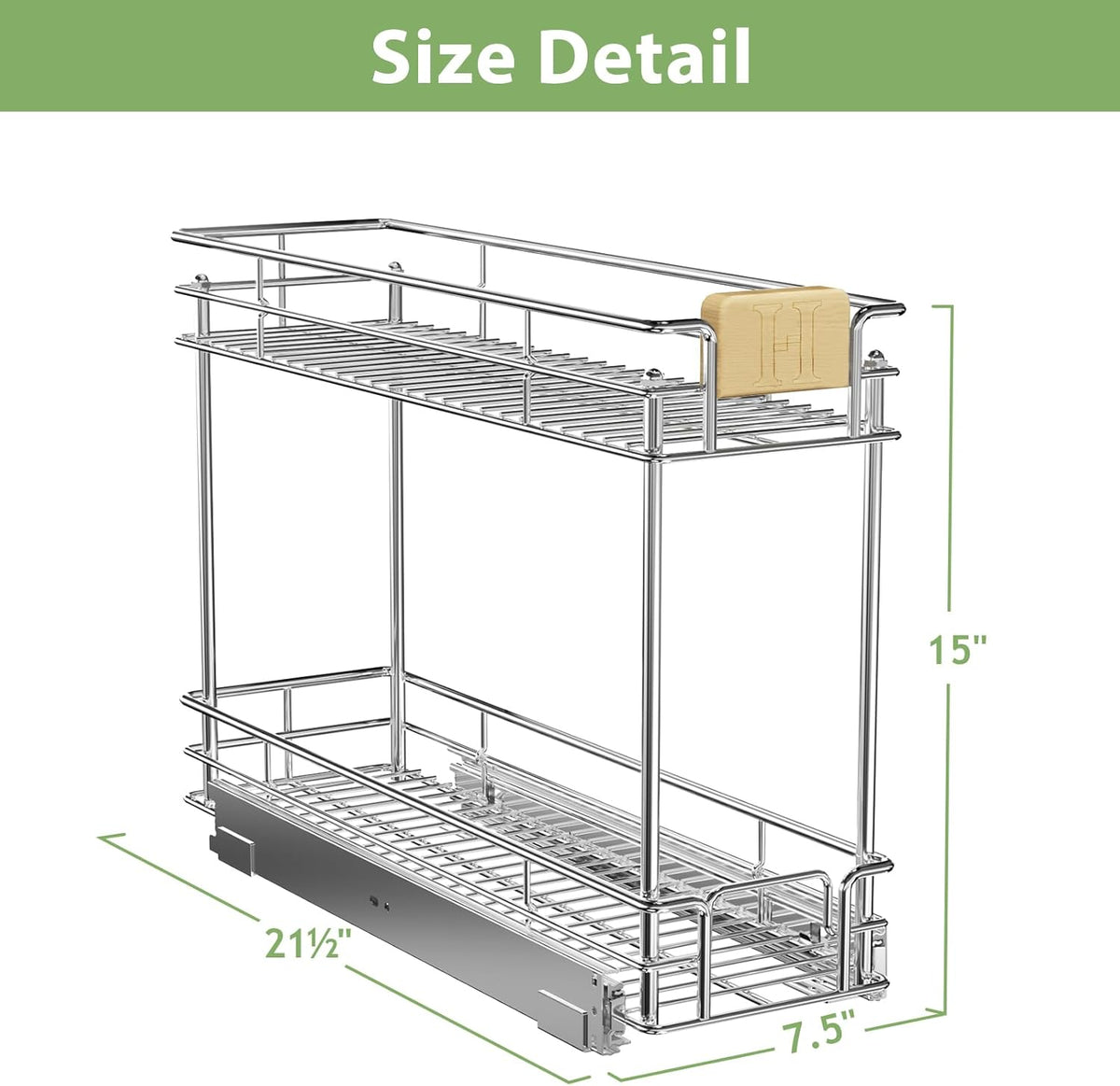 ROOMTEC Pull Out Cabinet Organizer With Wooden Handle 10½" W x 21½" D 2-Tier Cabinet Drawer Pull Out Shelves Under Cabinet Storage for Kitchen