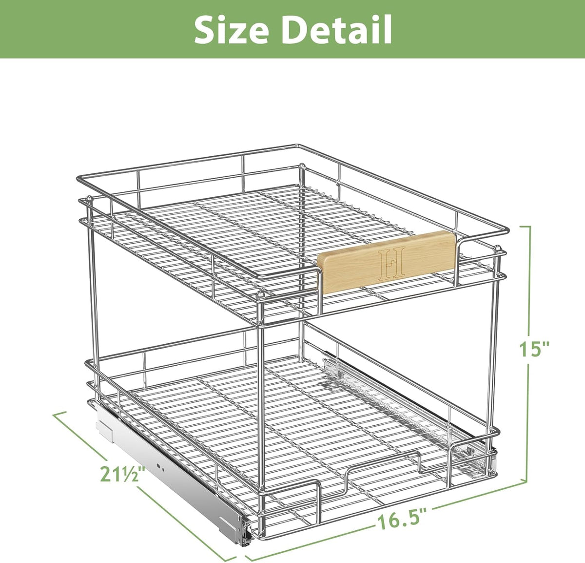 ROOMTEC Pull Out Cabinet Organizer With Wooden Handle 10½" W x 21½" D 2-Tier Cabinet Drawer Pull Out Shelves Under Cabinet Storage for Kitchen