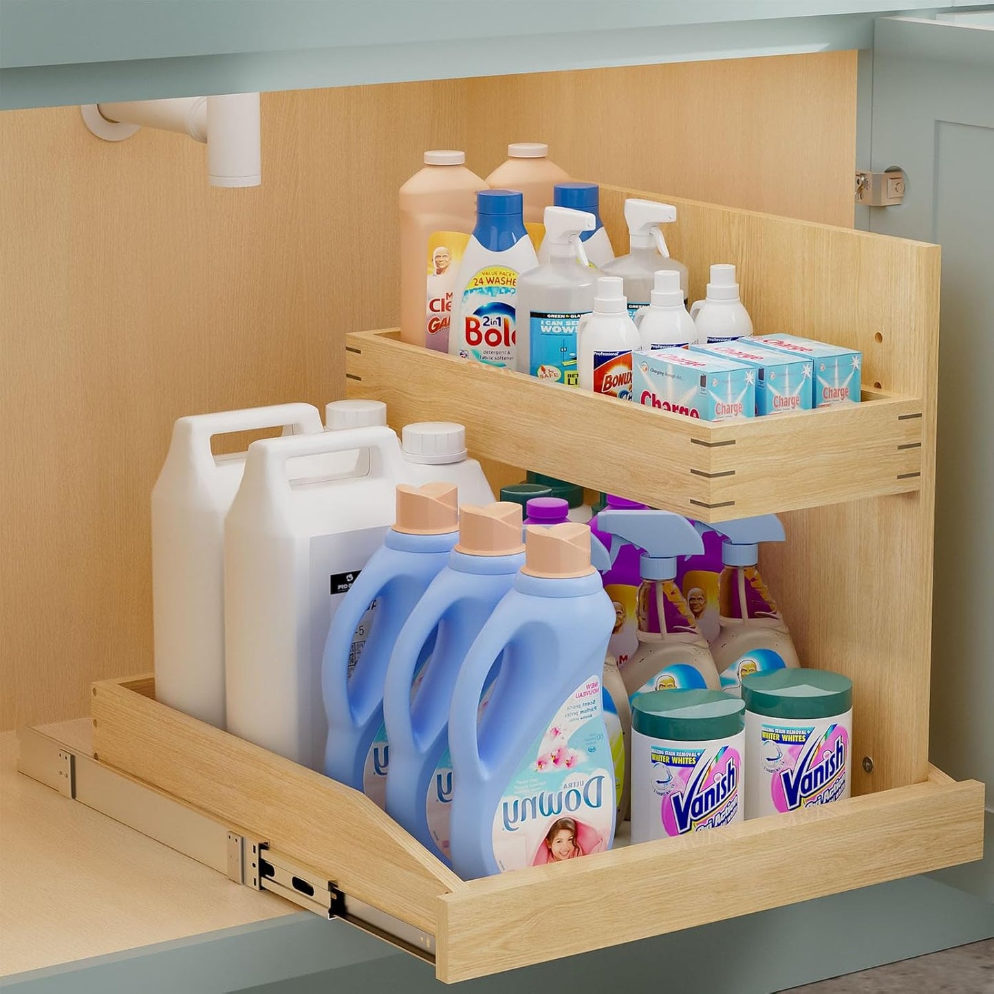 ROOMTEC Under Sink Organizers and Storage 22½” W x 21” D, 2 Tier Pull Out Cabinet Organizer with U Bracket, Adjustable Pull Out Cabinet organizer for Bathroom Kitchen(Right)