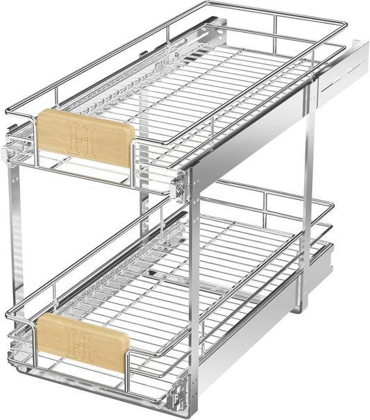 ROOMTEC  2 Tier Pull Out Cabinet Organizer 10½" W x 21½" D, Slide Out Drawers with Wooden Handle, Sliding Shelves Organization and Storage for Kitchen, Pantry