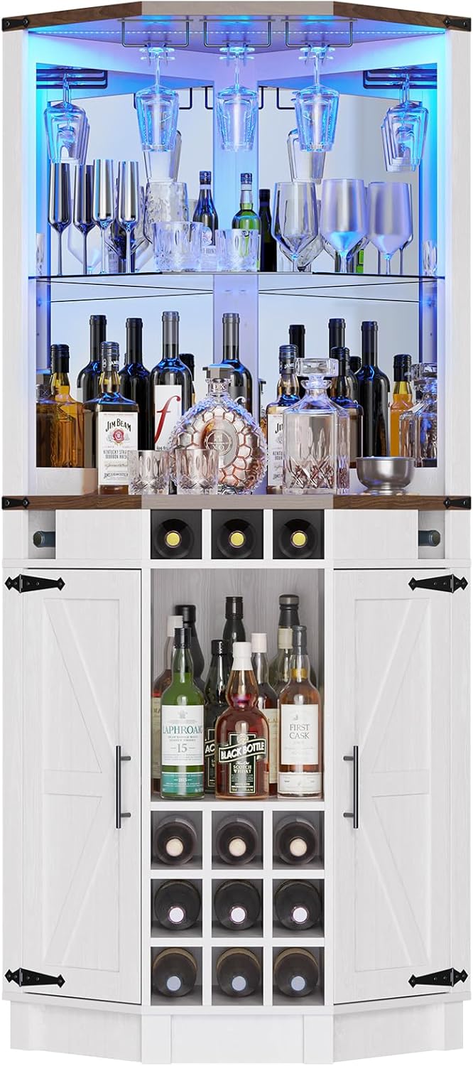 ROOMTEC Corner Bar Cabinet for Liquor, 71" Farmhouse Wine Cabinet with LED Strip and Glass Holder, Corner Cabinet with Doors and Adjustable Shelf, Liquor Cabinet Bar for Home