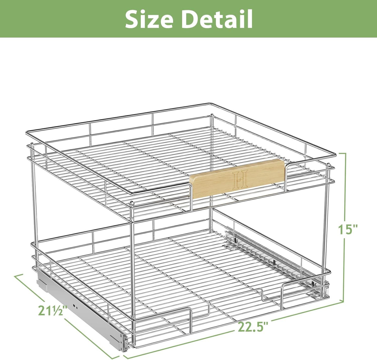 ROOMTEC Pull Out Cabinet Organizer With Wooden Handle 10½" W x 21½" D 2-Tier Cabinet Drawer Pull Out Shelves Under Cabinet Storage for Kitchen