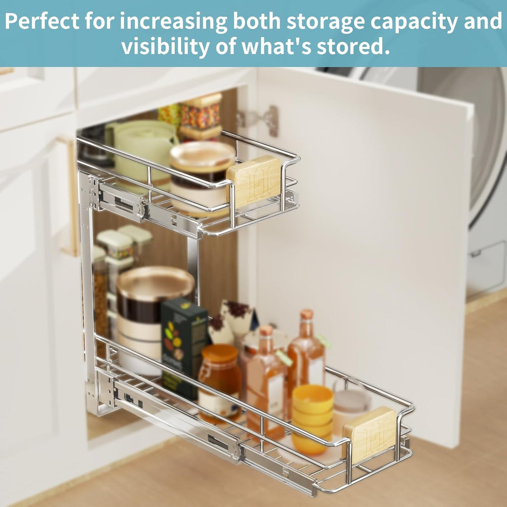 ROOMTEC  2 Tier Pull Out Cabinet Organizer 10½" W x 21½" D, Slide Out Drawers with Wooden Handle, Sliding Shelves Organization and Storage for Kitchen, Pantry