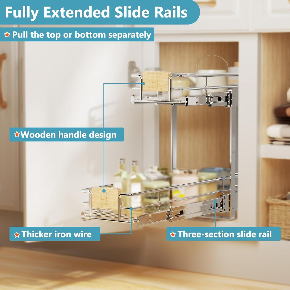 ROOMTEC 2 Tier Pull Out Cabinet Organizer 10½" W x 21½" D, Slide Out Drawers with Wooden Handle, Sliding Shelves Organization and Storage for Kitchen, Pantry