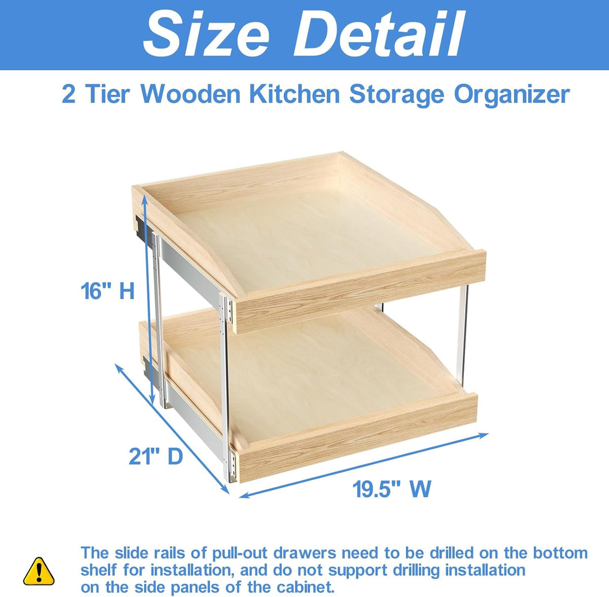 ROOMTEC 2 Tier Pull Out Cabinet Organizer, Double Tier Slide Out Wood Cabinet Organizer with U Bracket, Pull Out Drawers for Base Cabinet Organization in Kitchen, Pantry(13½"W x 21" D)