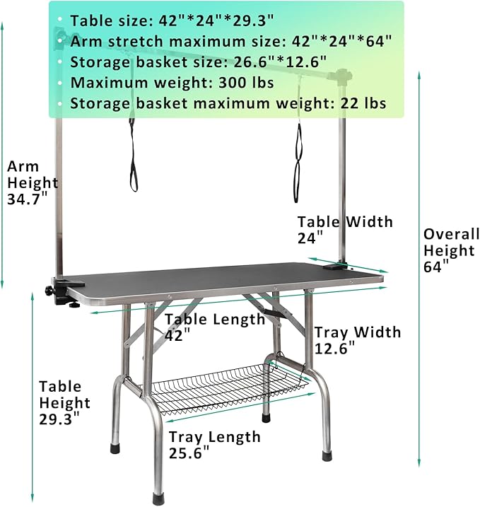 ROOMTEC 46" Dog Grooming Table,Foldable Home Pet Bathing Station with Adjustable Height Arm/Noose/Mesh Tray