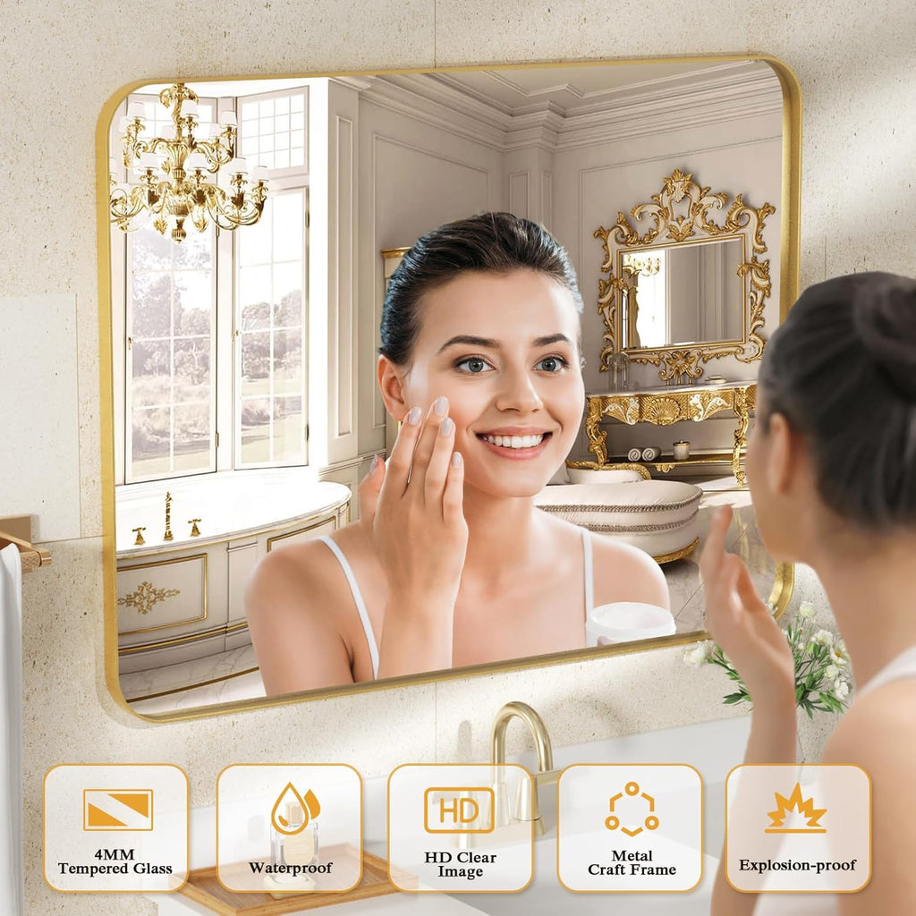 ROOMTEC Gold Bathroom Mirrors for Wall, 20X30 Inch Rounded Rectangle Mirror, Gold Bathroom Vanity Mirror, Metal Framed Wall-Mounted Mirror,Tempered Glass,（Horizontally or Vertically