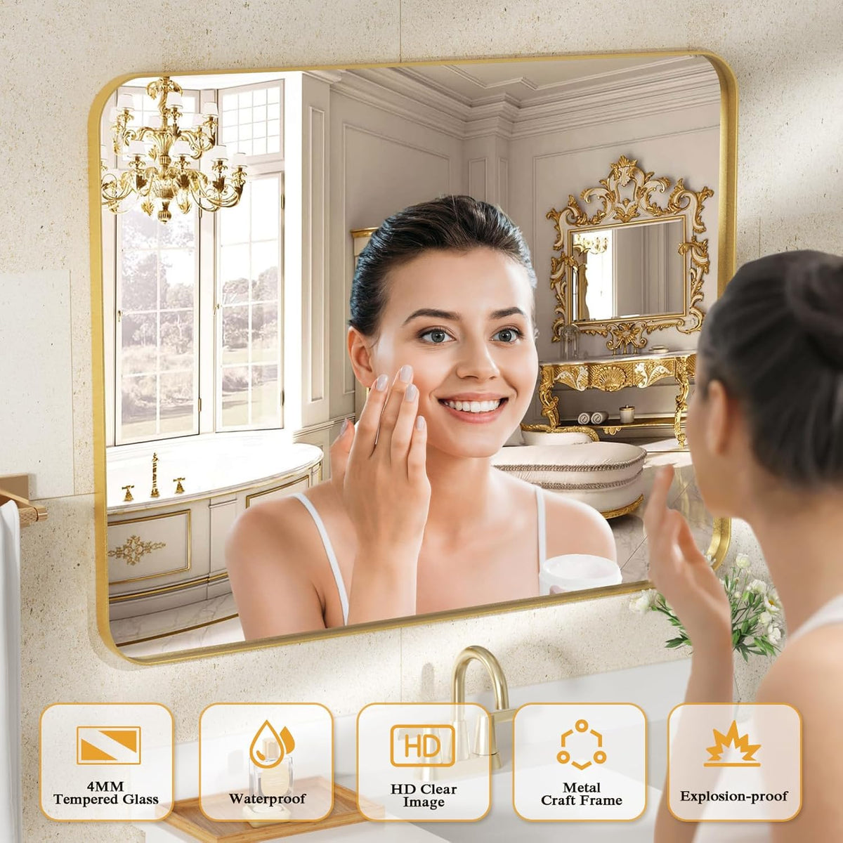 ROOMTEC Gold Bathroom Mirrors for Wall, 20X30 Inch Rounded Rectangle Mirror, Gold Bathroom Vanity Mirror, Metal Framed Wall-Mounted Mirror,Tempered Glass,（Horizontally or Vertically