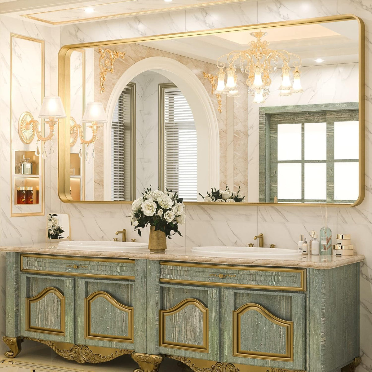 ROOMTEC Gold Bathroom Mirrors for Wall, 20X30 Inch Rounded Rectangle Mirror, Gold Bathroom Vanity Mirror, Metal Framed Wall-Mounted Mirror,Tempered Glass,（Horizontally or Vertically