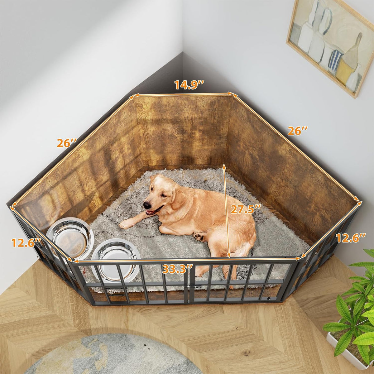 ROOMTEC 42 inch Furniture Dog Crate Corner, Dog Kennel Corner Wooden End Table with Bowl, Indoor Pet Crates Corner Side Table for Dogs, Wide Top Perfect for Limited Room