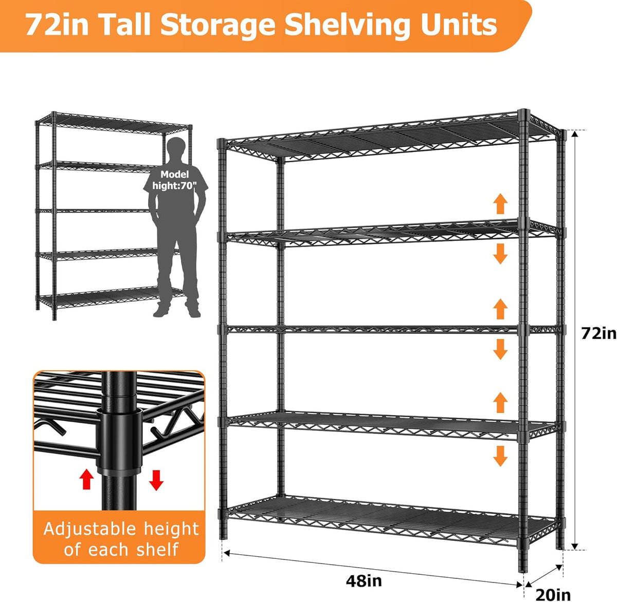 Roomtec Storage Shelves Heavy Duty, 48" L x 20" W x 72" H Garage Wire Shelving Unit Loads 2000LBS, 5-tier Adjustable Metal Industrial Utility Shelf Rack for Kitchen, Laundry Room, Pantry, Warehouse, Basement