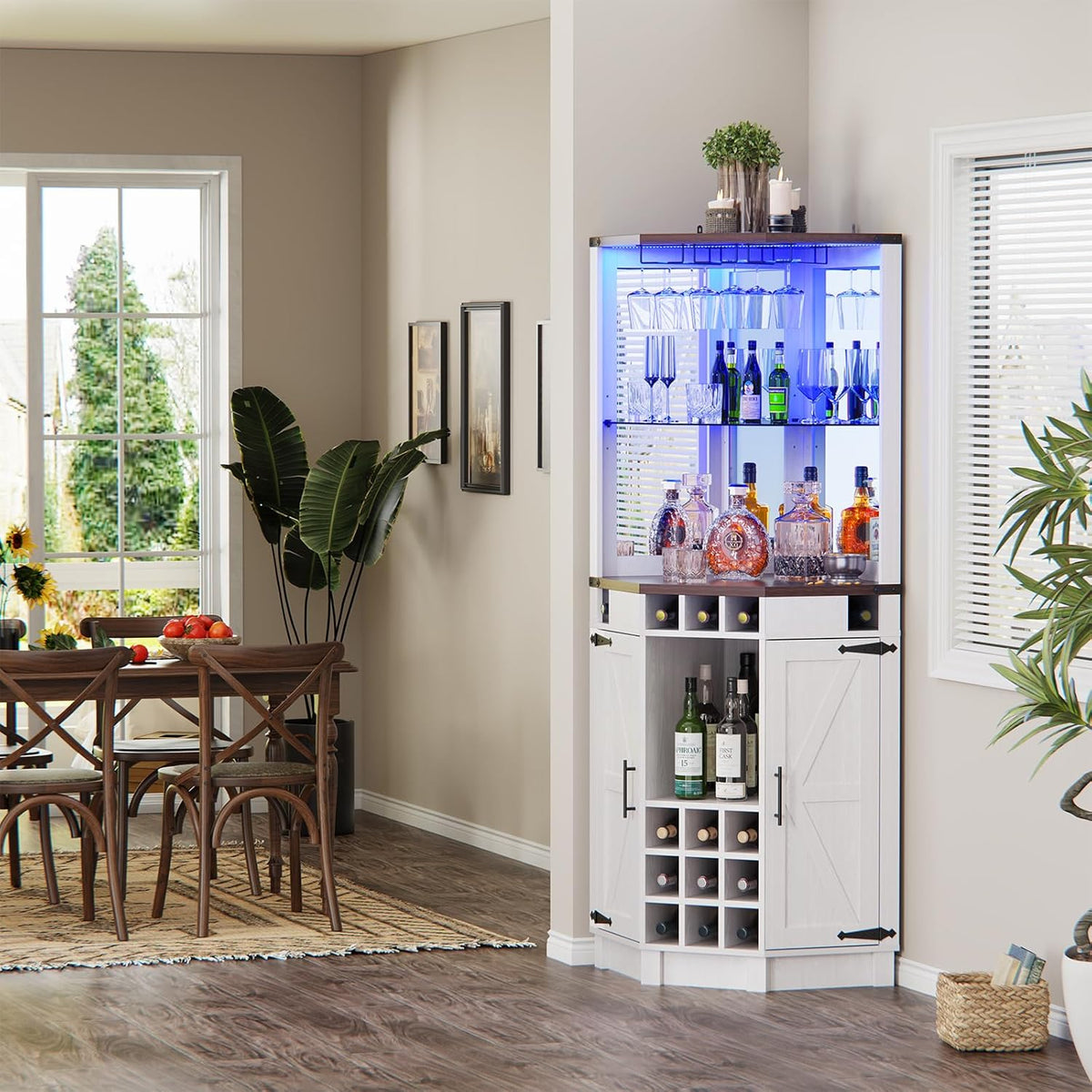 ROOMTEC Corner Bar Cabinet for Liquor, 71" Farmhouse Wine Cabinet with LED Strip and Glass Holder, Corner Cabinet with Doors and Adjustable Shelf, Liquor Cabinet Bar for Home