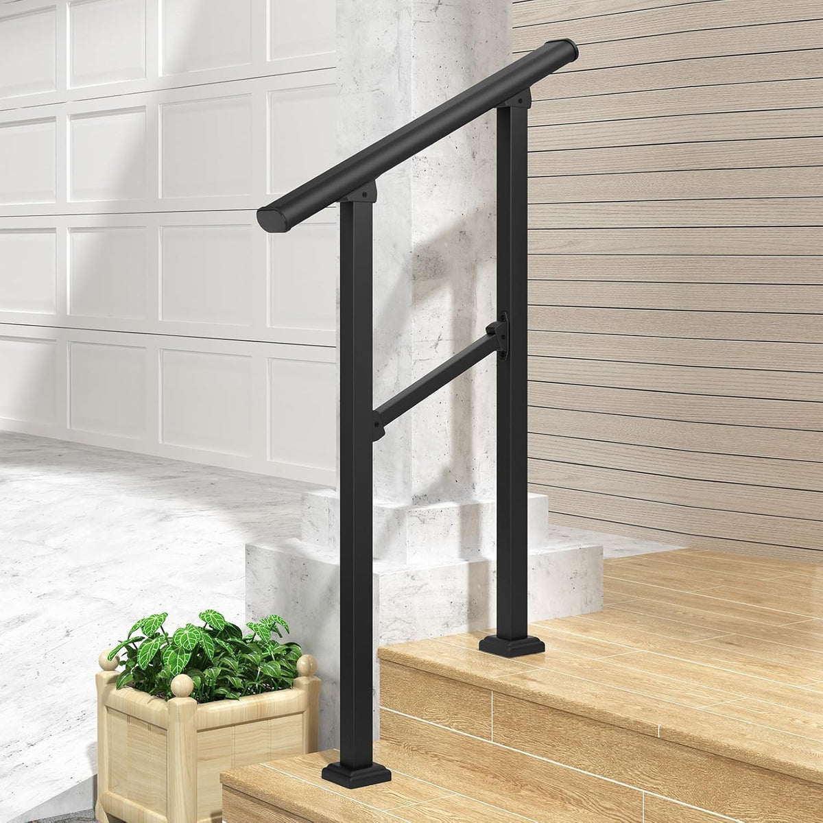 ROOMTEC  2 Step Hand Rails for Outdoor Steps, Wrought Iron Railing, Exterior Hand Railing for Steps, Porch Railing Kit (1-2 Steps Handrail)