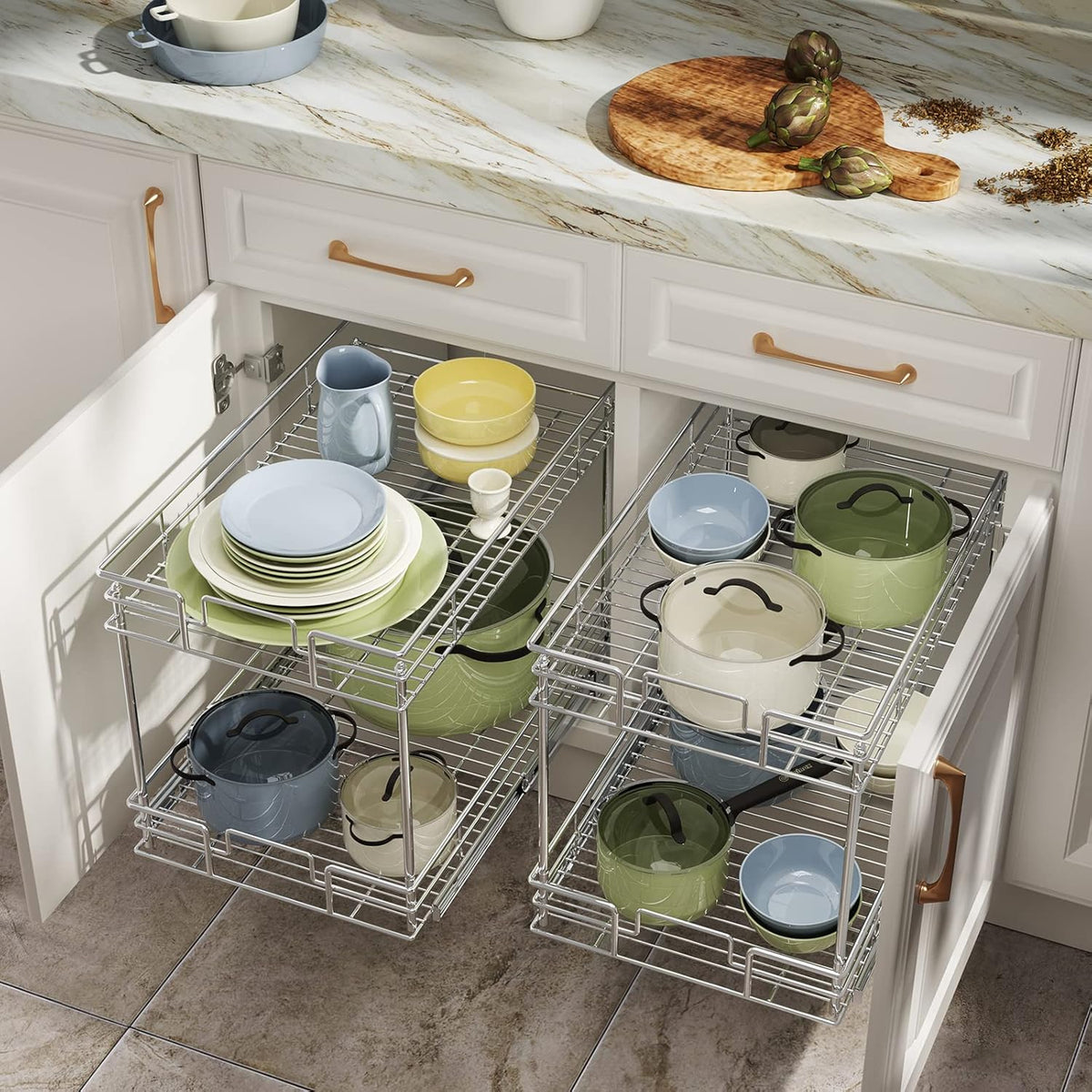 ROOMTEC  Cabinet Organizer, 2-Tier Pull Out Cabinet Organizers 14" W x 21" D, Pull Out Home Organizers Chrome Pull Out Drawer for Base Cabinet Silver