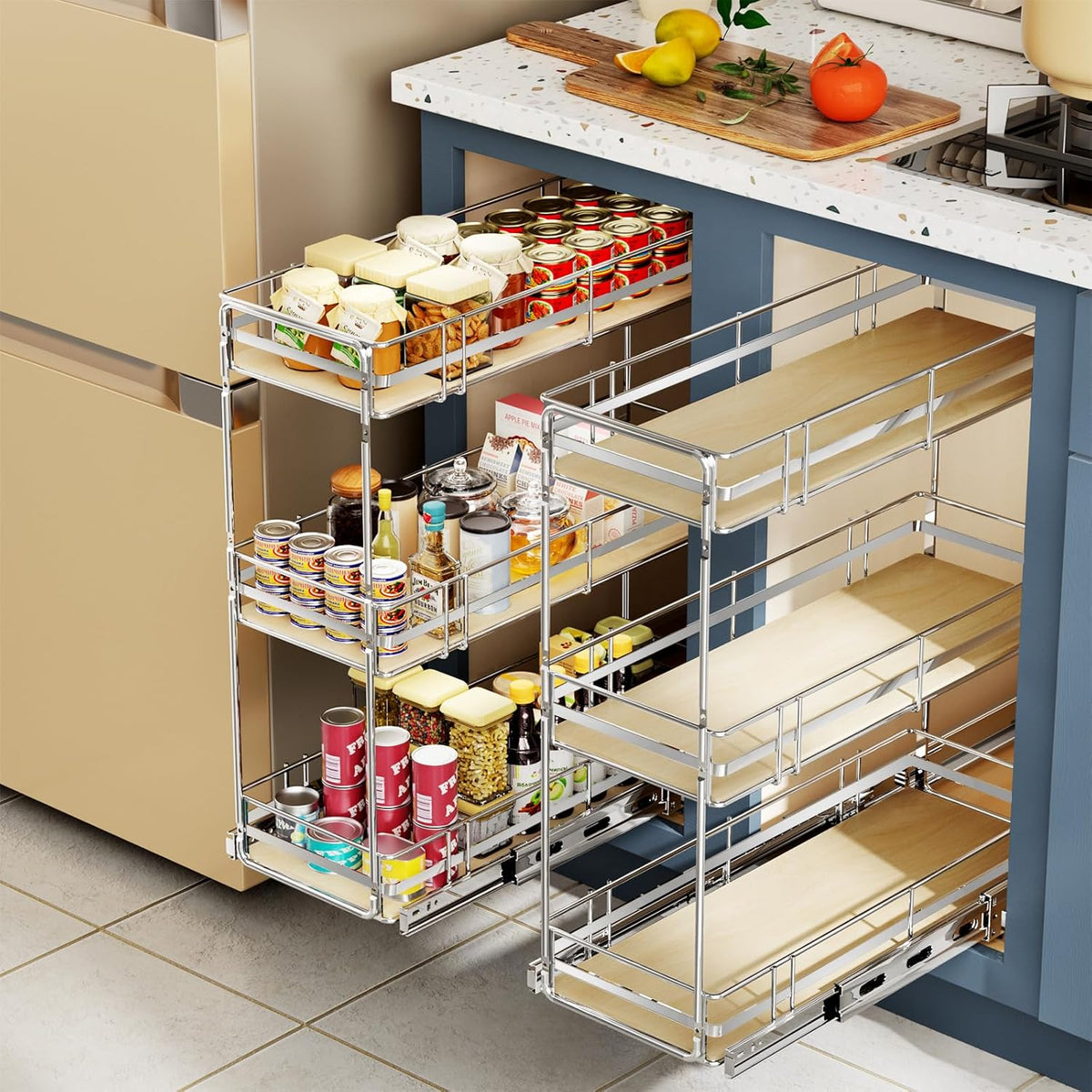ROOMTEC 3-Tier Pull Out Cabinet Organizer Spice Rack for Narrow Cabinet Slide Out Wood Shelves Storage for Kitchen