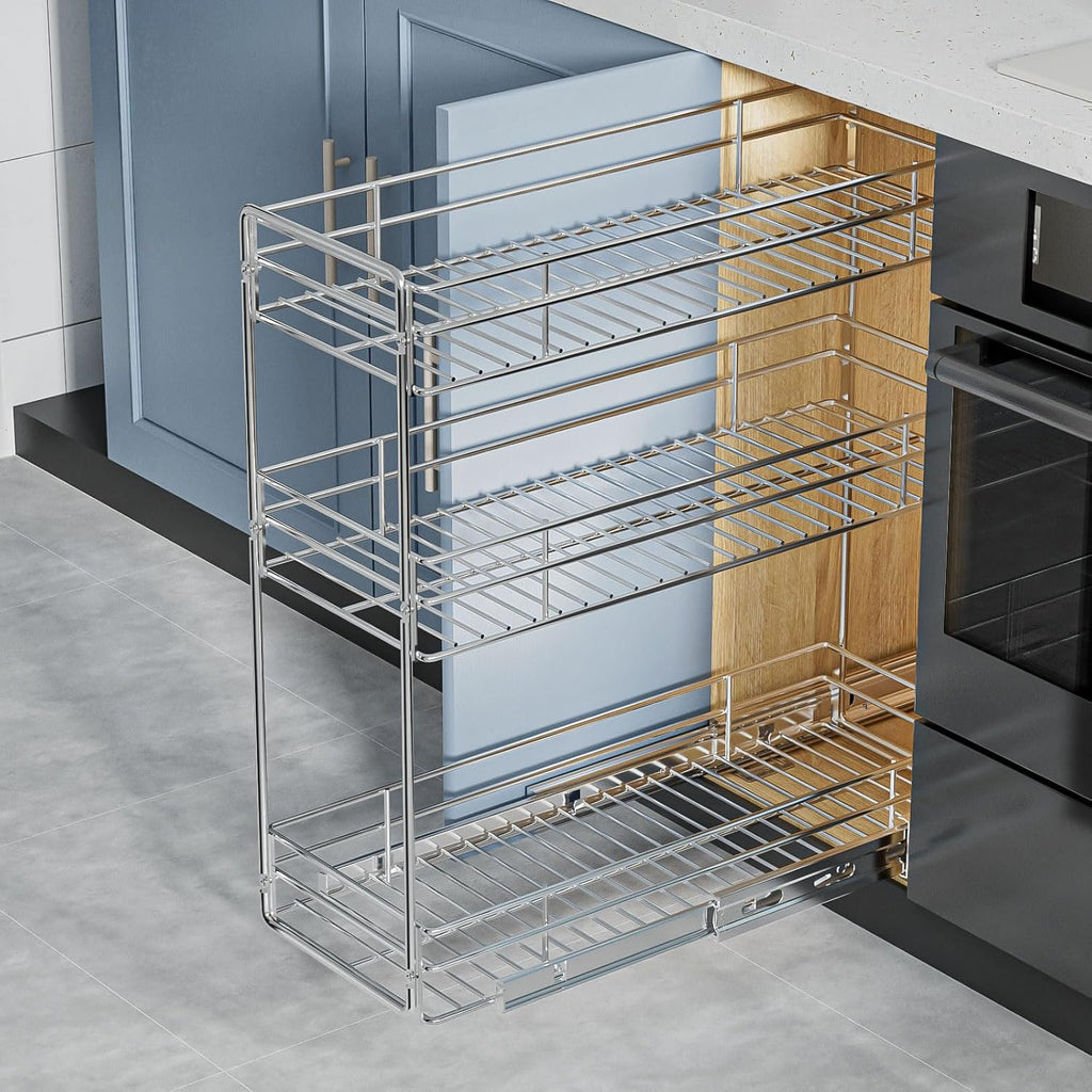 ROOMTEC Pull Out Spice Rack for Narrow Cabinet (5½" W X 21" D),3 Tier Slide Out Cabinet Organizer and Pull Out Shelves Under Cabinet Storage for Kitchen, Chrome