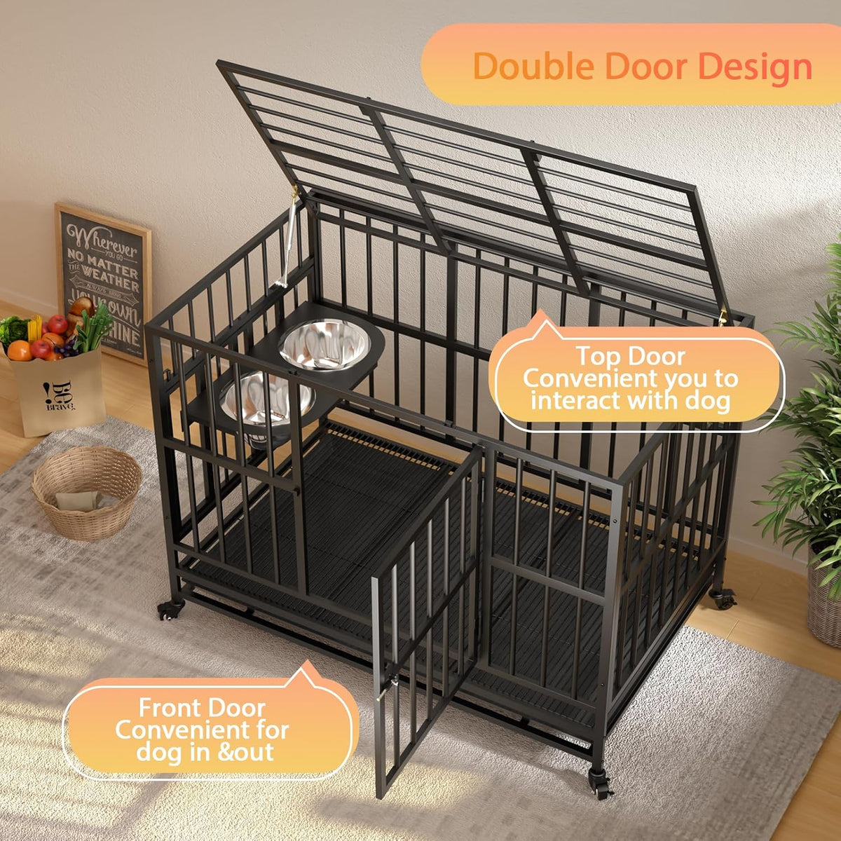 ROOMTEC  43" Heavy Duty Dog Crate with Unique Air Lift Rod/Wheels/ 360° & Adjustable 2 Bowls, Extra Medium Dog Crate