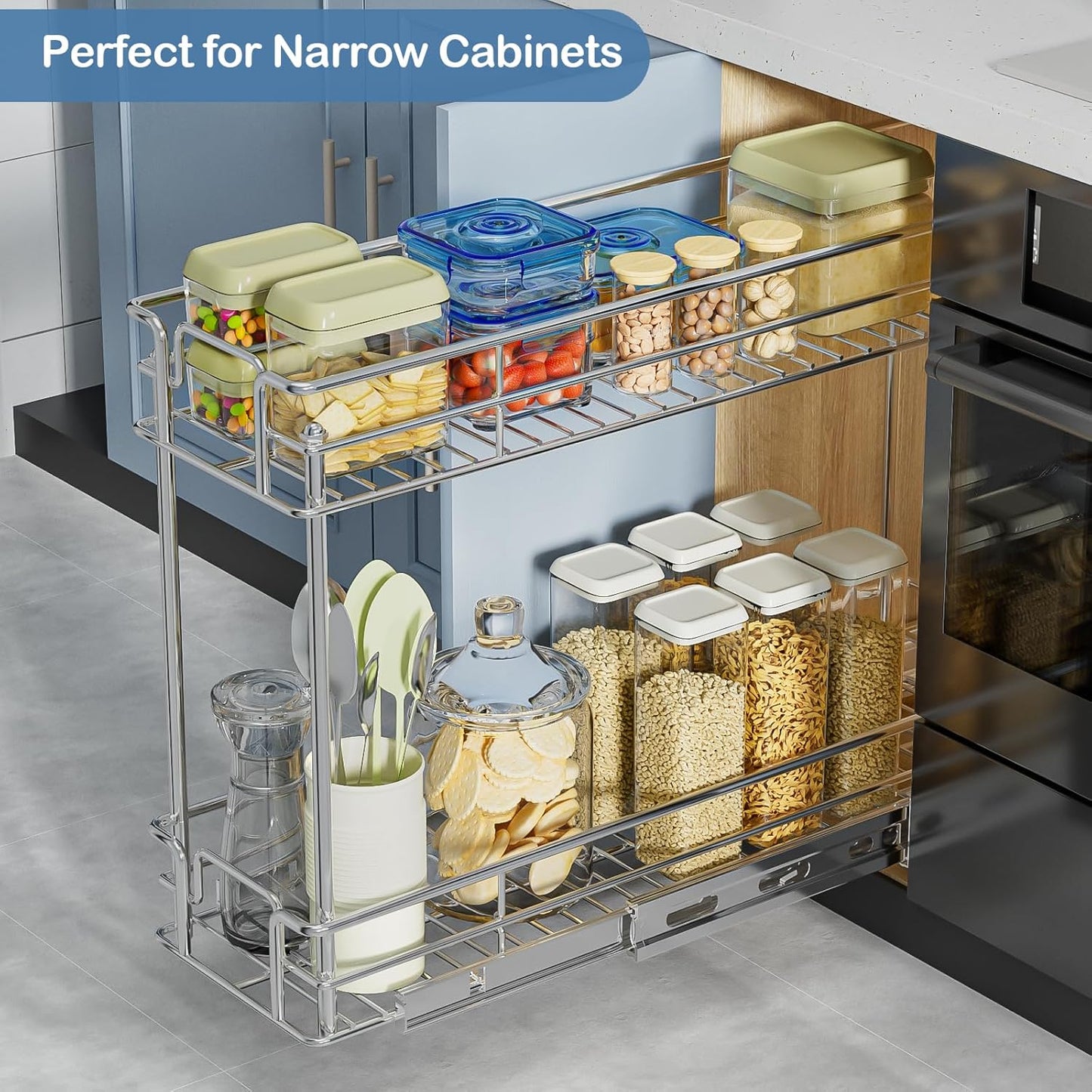 ROOMTEC Pull Out Spice Rack for Narrow Cabinet (5½" W X 21" D),2 Tier Slide Out Cabinet Organizer and Pull Out Shelves Under Cabinet Storage for Kitchen, Chrome