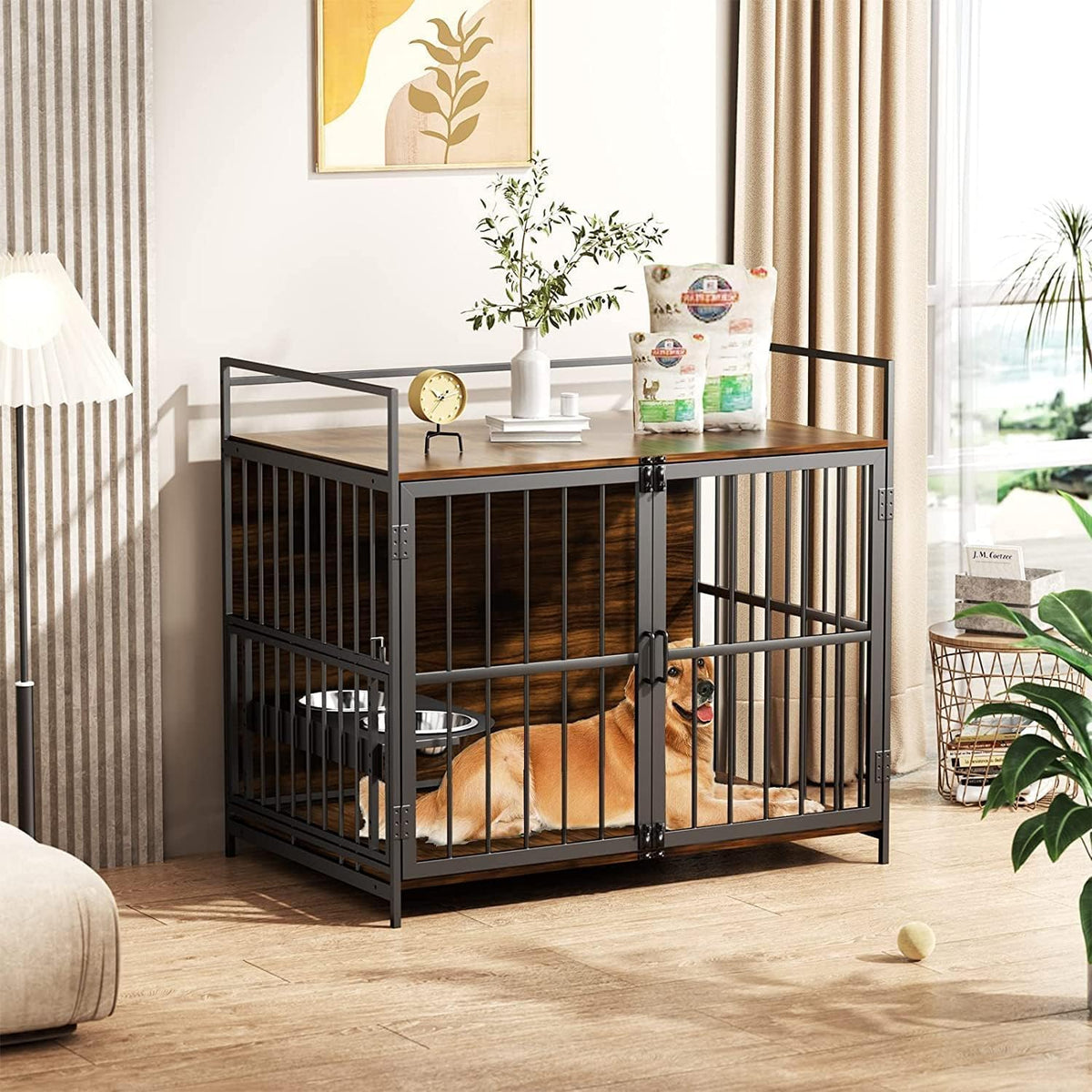 ROOMTEC Furniture Style Large Dog Crate with 360° & Adjustable Raised Feeder for Dogs 2 Stainless Steel Bowls -End Table House Pad, Indoor Use,41" L X 24" W 36" H, Classic Brown