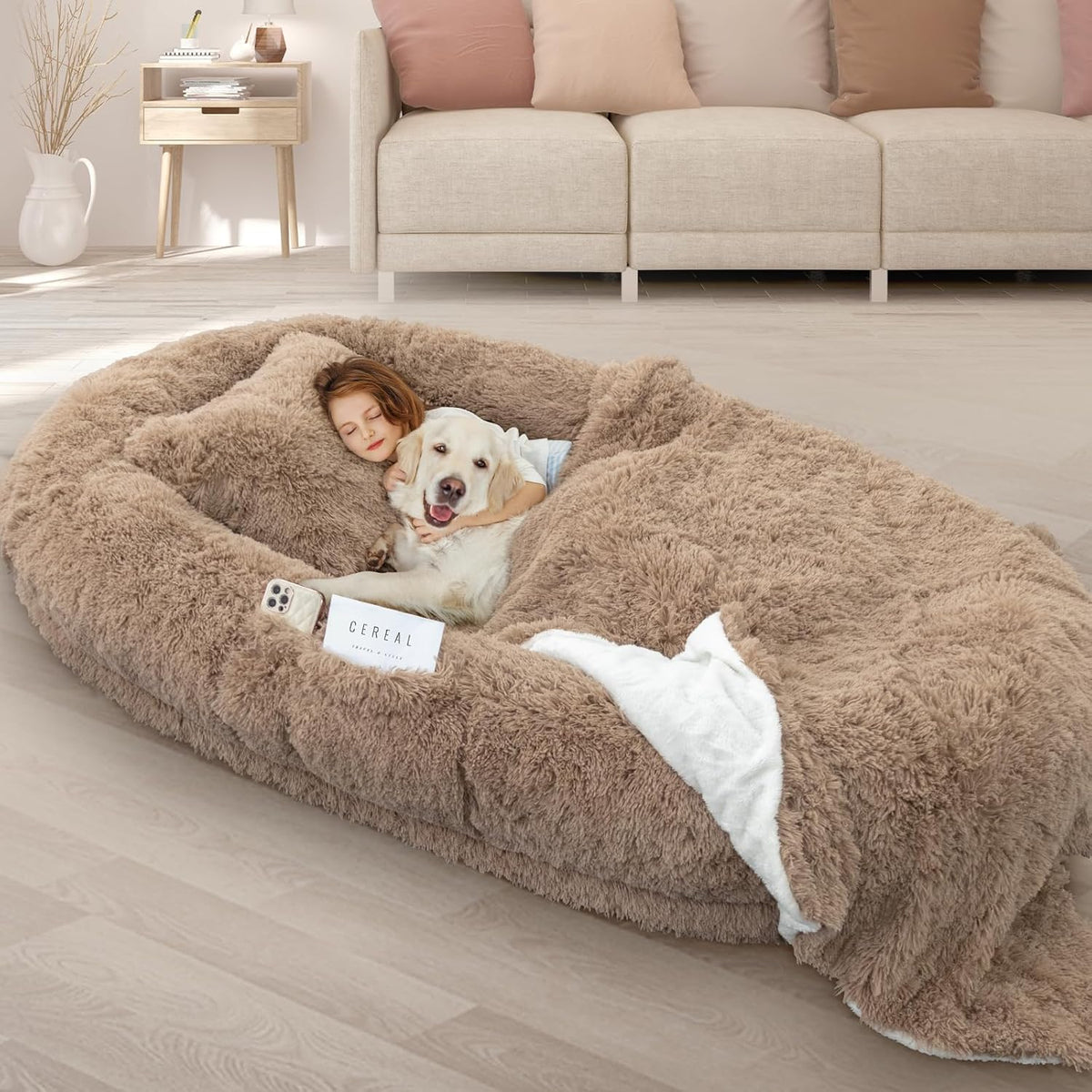 ROOMTEC Human Dog Bed, 71''x45''x12'' Size Fits Adult and Pet Washable Giant People Dog Bed 10 CM Thick Memory Foam Large Oversize Dog Bed with Plump Pillow, Blanket, Strap - Grey