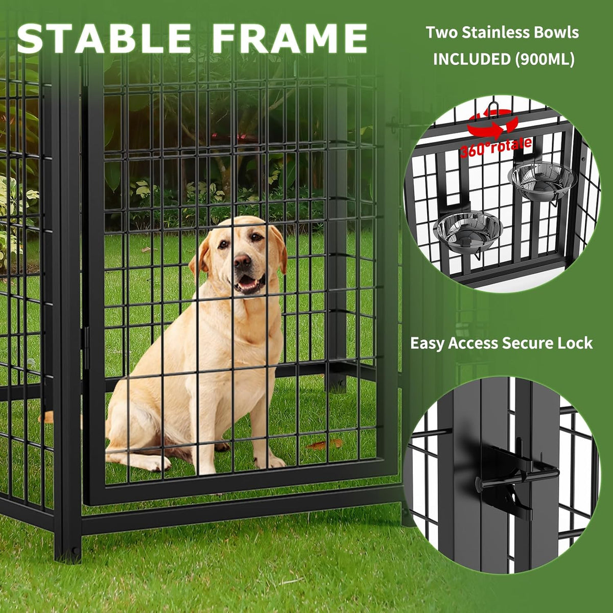 ROOMTEC Large Dog Kennel Outdoor Pet Pens Dogs Run Enclosure Animal Hutch Metal Coop Fence with Rotating Bowl (4'L x 4'W x 4.25'H)