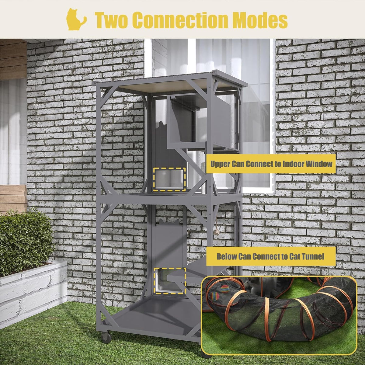 ROOMTEC Catio Outdoor Cat Enclosure with Roof 71" Height Large Cat House Cat Wooden Cage with 3 Jumping Platforms and 1 Napping Houses for Cat Activity (Grey)