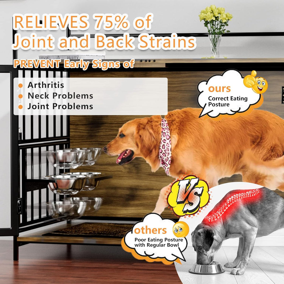 ROOMTEC Furniture Style Large Dog Crate with 360° & Adjustable Raised Feeder for Dogs 2 Stainless Steel Bowls -End Table House Pad, Indoor Use,41" L X 24" W 36" H, Classic Brown