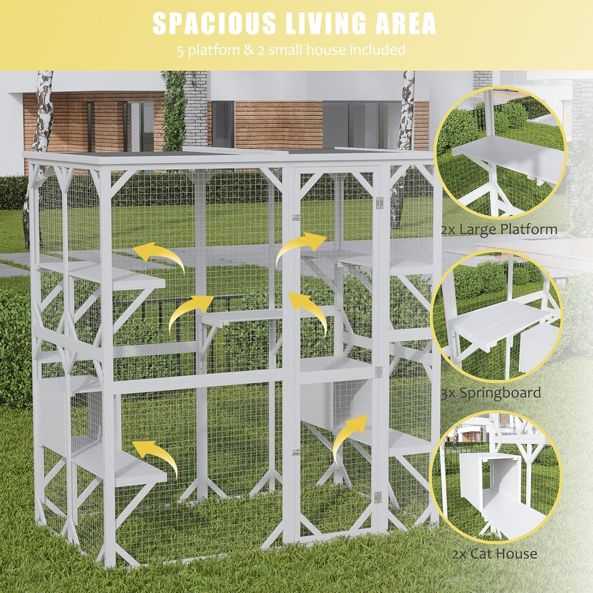 ROOMTEC Catio Outdoor Cat Enclosure with Roof 71" Height Large Cat House Cat Wooden Cage with 3 Jumping Platforms and 1 Napping Houses for Cat Activity (Grey)