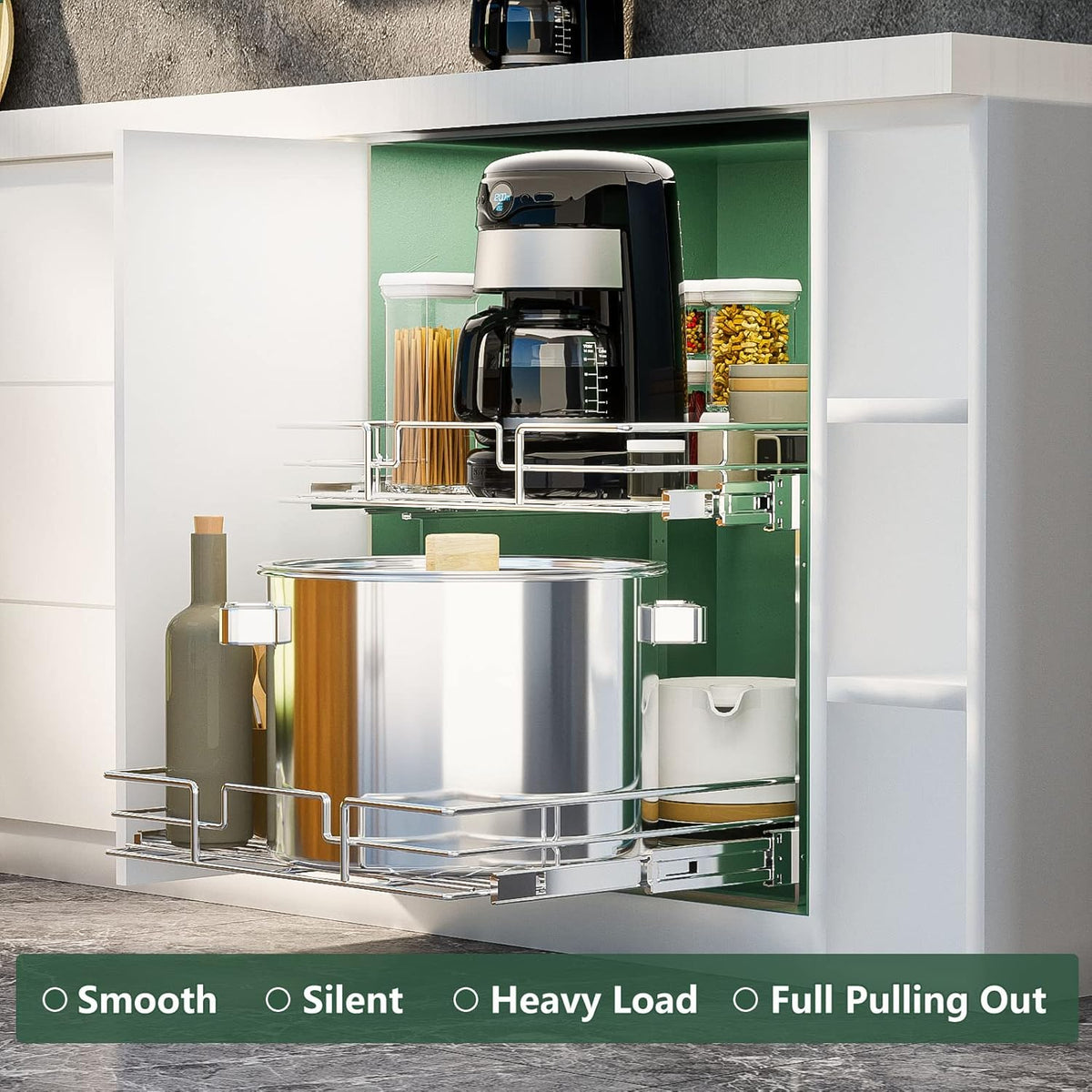ROOMTEC 2 Tier Individual Pull Out Cabinet Organizer 11"W x 21"D, Slide Out Kitchen Cabinet Storage Sliding Shelves