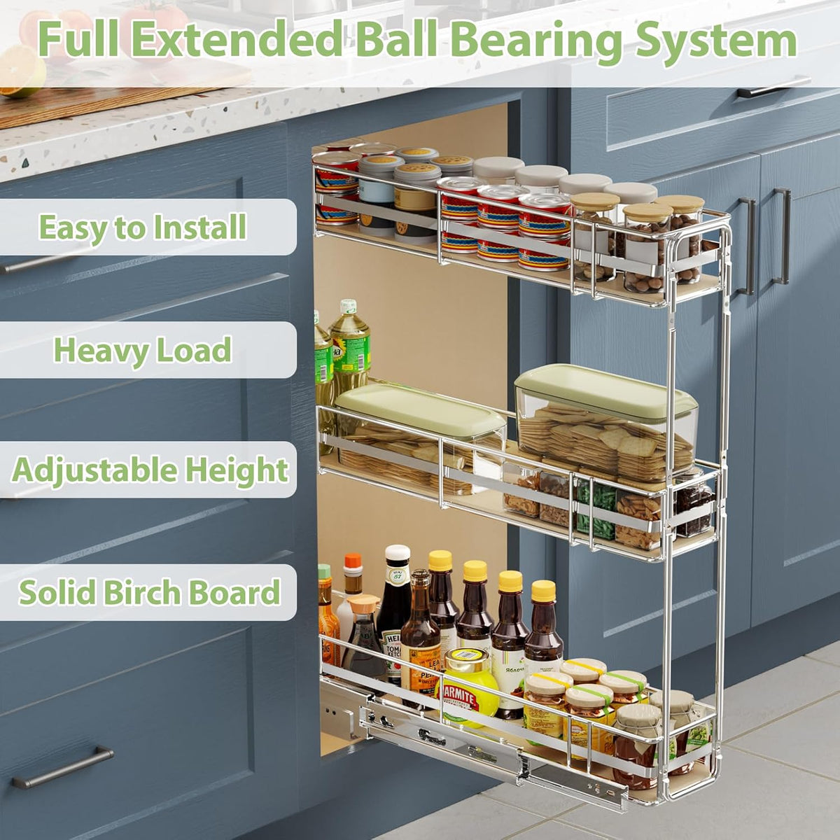 ROOMTEC 3-Tier Pull Out Cabinet Organizer Spice Rack for Narrow Cabinet Slide Out Wood Shelves Storage for Kitchen