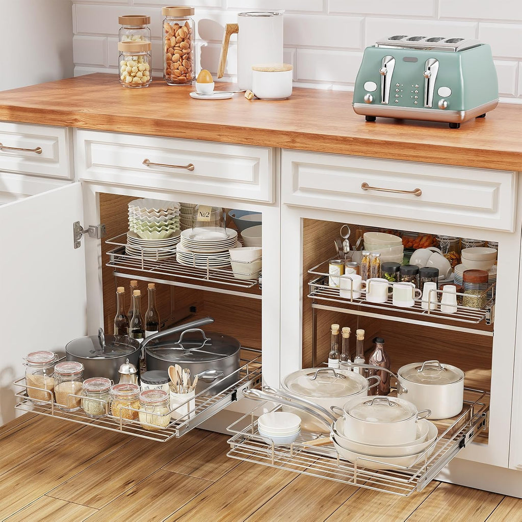ROOMTEC Slide Out Cabinet Organizer for Kitchen, 2 Tier Pull Out Shelves Sliding Cabinet Organizer and Storage, Chrome (16.5" W x 20.5" D)