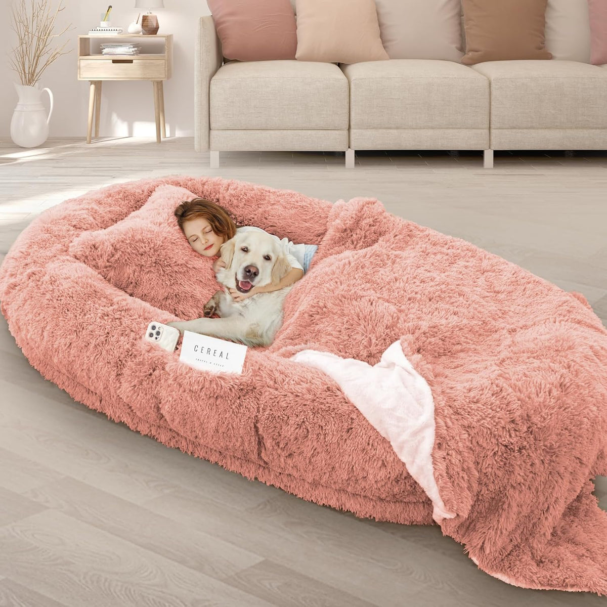 ROOMTEC Human Dog Bed, 71''x45''x12'' Size Fits Adult and Pet Washable Giant People Dog Bed 10 CM Thick Memory Foam Large Oversize Dog Bed with Plump Pillow, Blanket, Strap - Grey