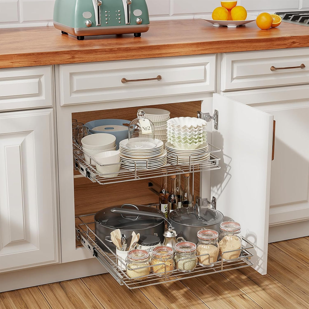 ROOMTEC Slide Out Cabinet Organizer for Kitchen, 2 Tier Pull Out Shelves Sliding Cabinet Organizer and Storage, Chrome (16.5" W x 20.5" D)
